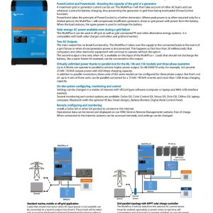 Victron MultiPlus-II  The MultiPlus-II is a smart inverter that keeps your power on during load-shedding. It automatically switches between Eskom, solar, and batteries, so your lights and fridge stay on. It also protects your power system from overloading and recharges your batteries when the power returns.  In short: it makes sure you always have electricity — even when Eskom doesn’t.